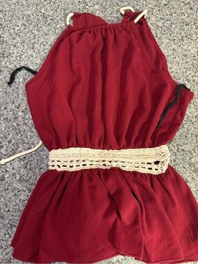 Fashion Magazine Burgundy Sleeveless Blouse with Crochet Waist